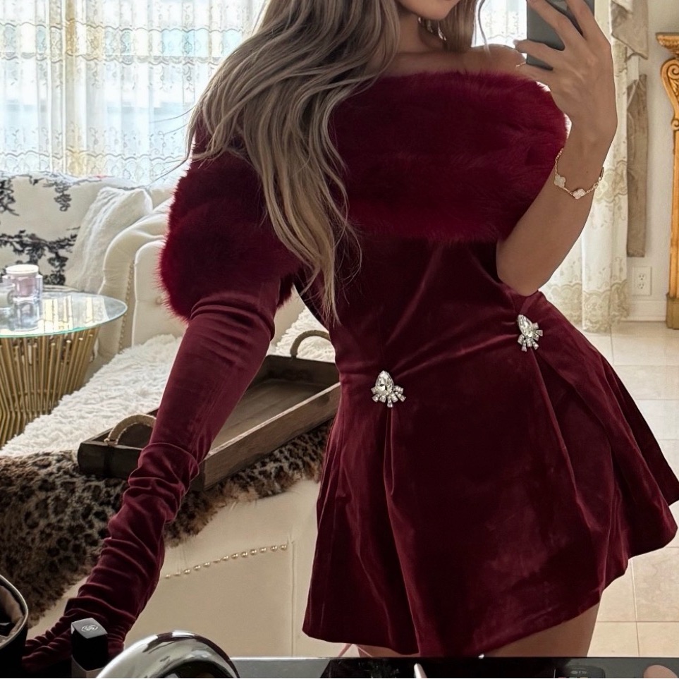 Elegant Red Velvet Off-Shoulder Dress